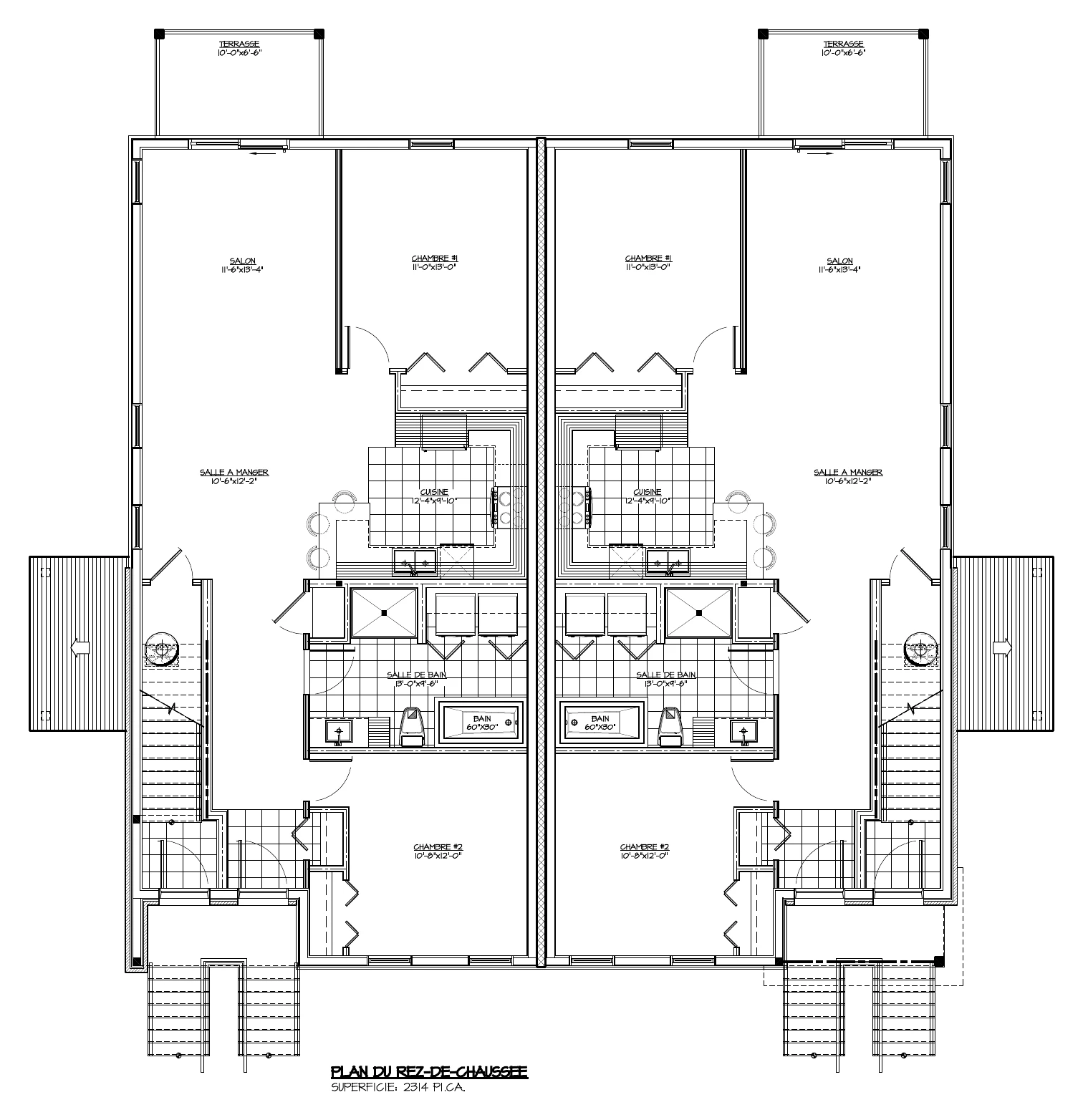 Plan du rez-de-chaussée : deux logis jumelés de deux chambres avec salon, salle à manger, cuisine, salle de bain et terrasse